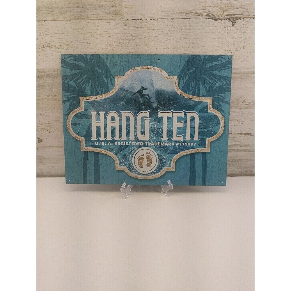 Hang Ten Surf Tin Sign 12.5x16 Blue Palm Trees Surfer Metal Wall Art Decor